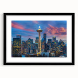 Abstract art print of Seattle skyline in colorful textured style on a large framed canvas, suitable for living room decor.