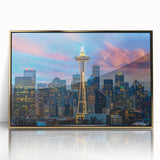 Mid-century modernist Seattle skyline in muted gold tones on a framed acrylic, ideal for modern art wall decor.
