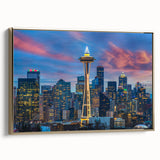 Framed canvas featuring a vintage-style Seattle landscape in muted gold and black tones, ideal for bedroom wall art.