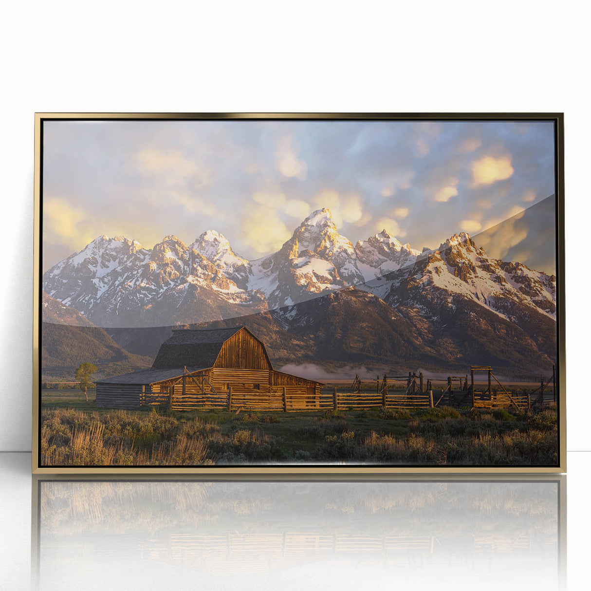 Large art print of the Grand Tetons in muted earth tones on a framed acrylic, ideal for modern art wall decor.