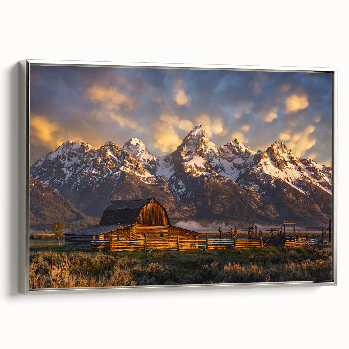Framed canvas of a vintage-style landscape art painting depicting Wyoming's Grand Tetons in vibrant colors.