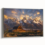Framed canvas of a vintage-style landscape art painting depicting Wyoming's Grand Tetons in vibrant colors.