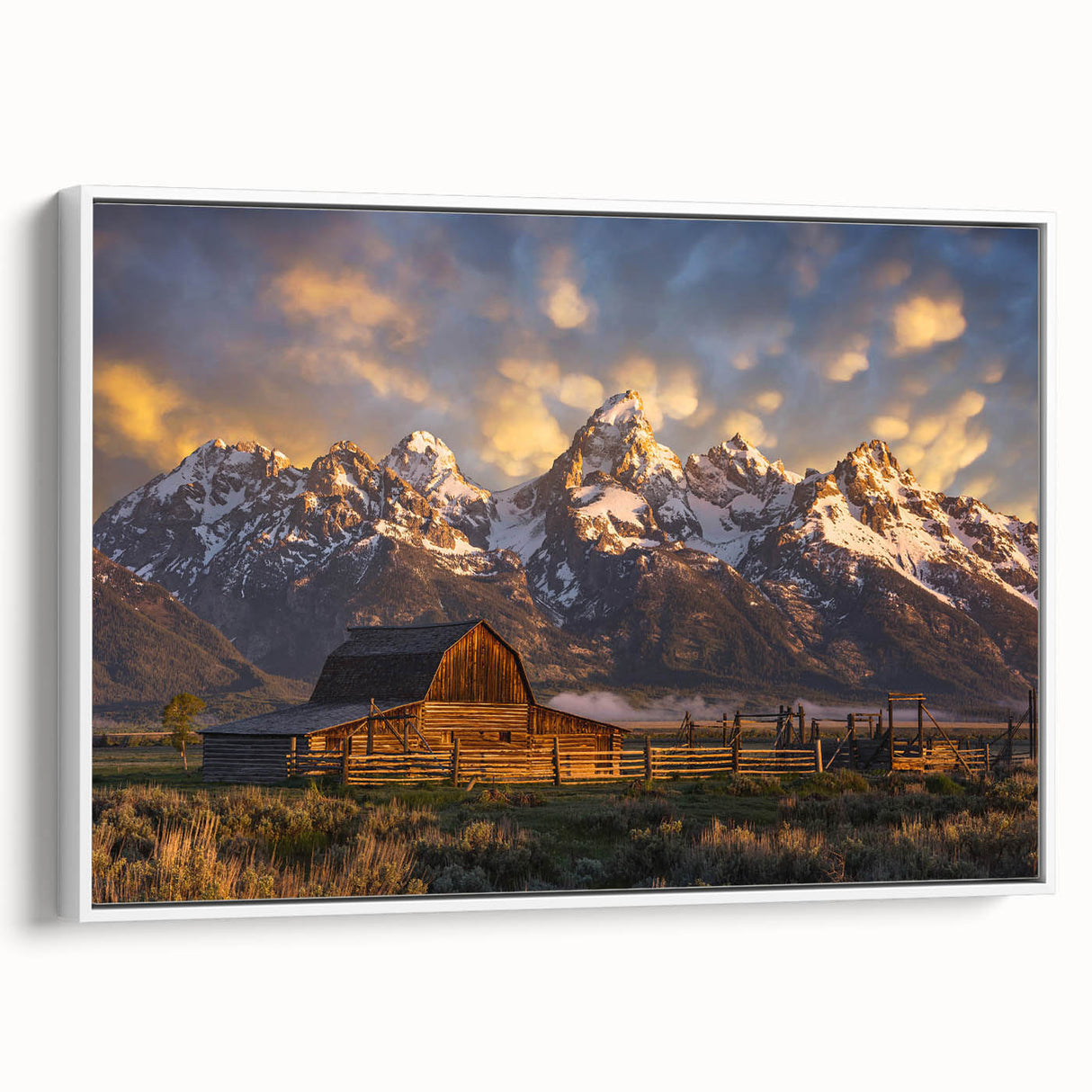 Vintage poster art of Grand Tetons on framed canvas, featuring a blend of colorful and black tones.