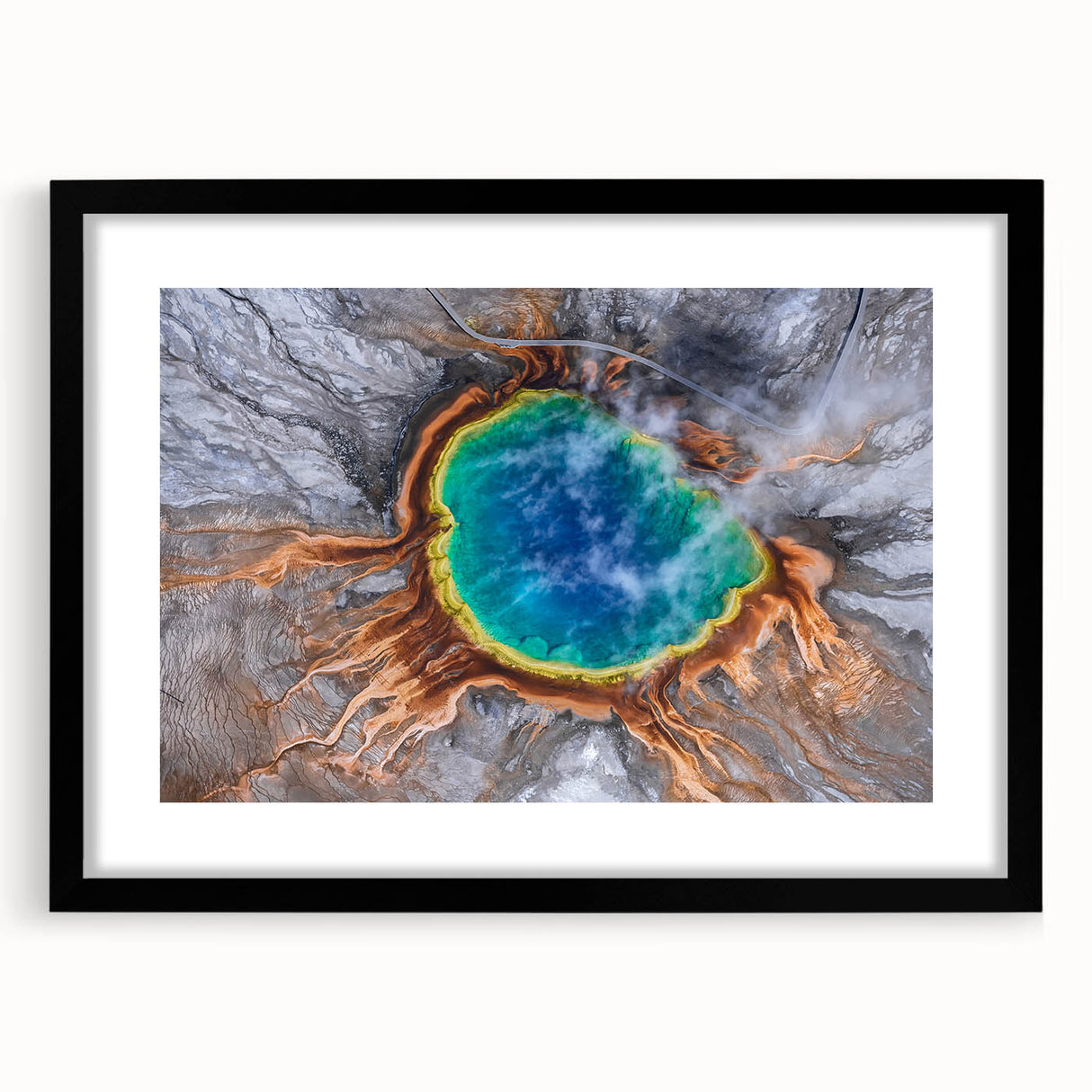 Colorful abstract art print of Yellowstone, featuring vibrant hues and textures, framed in black.