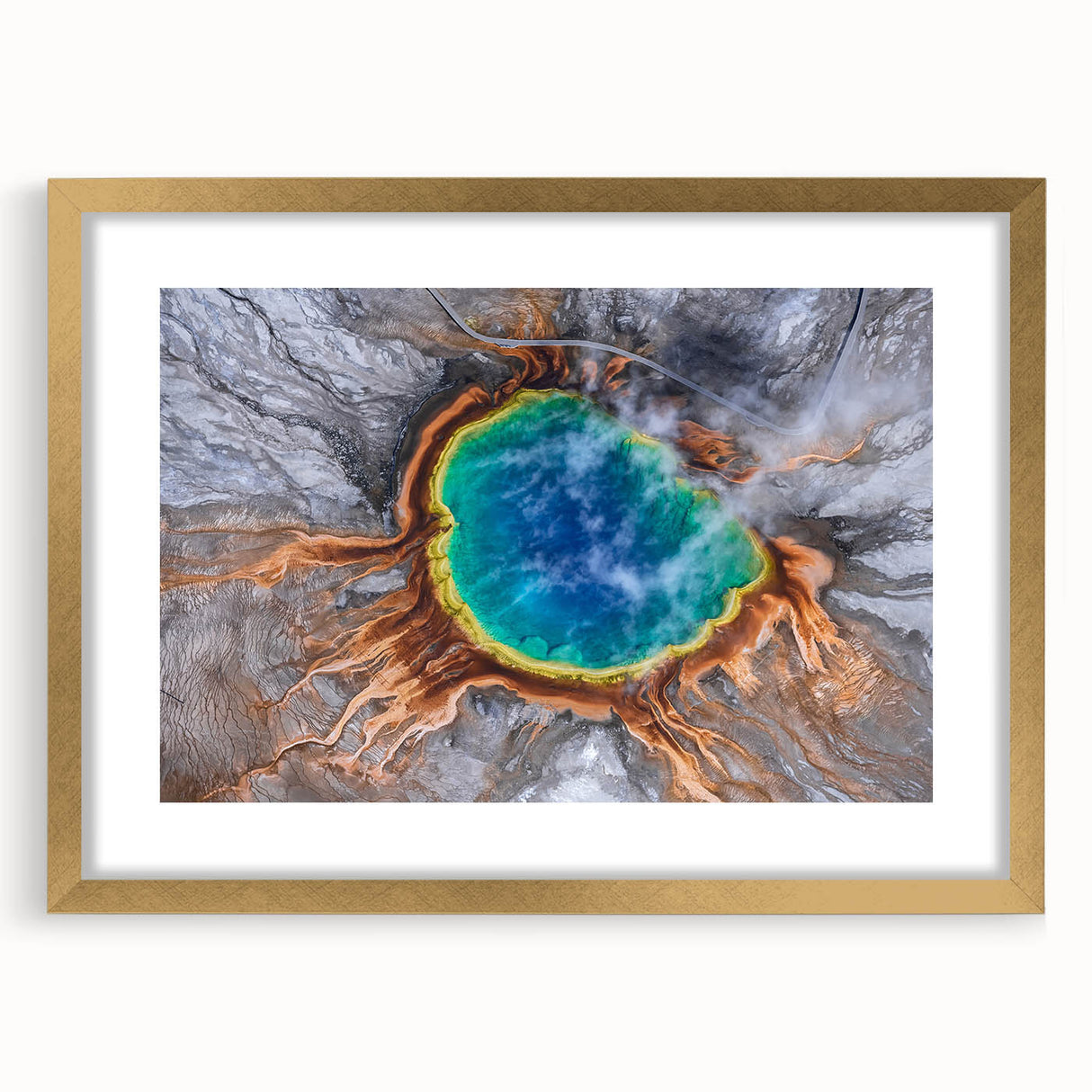 Extra large abstract art print of Yellowstone scenery in textured gold frame, suitable for living room decor.
