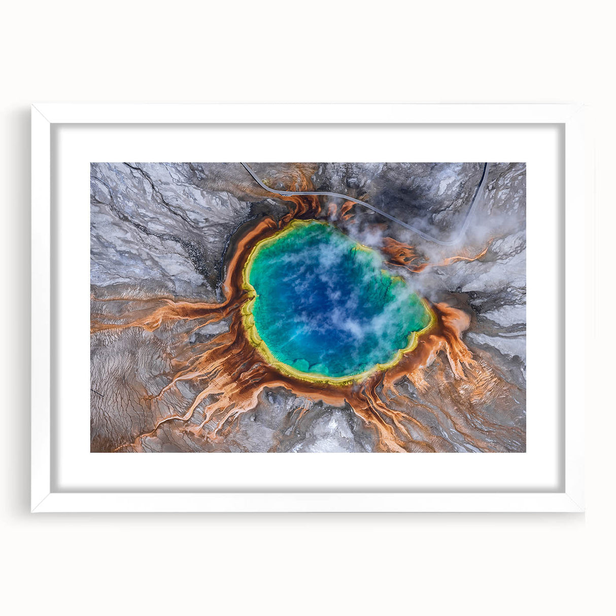 Abstract art print of Yellowstone landscape in muted earth tones on a white framed mat, ideal for dining room decor.