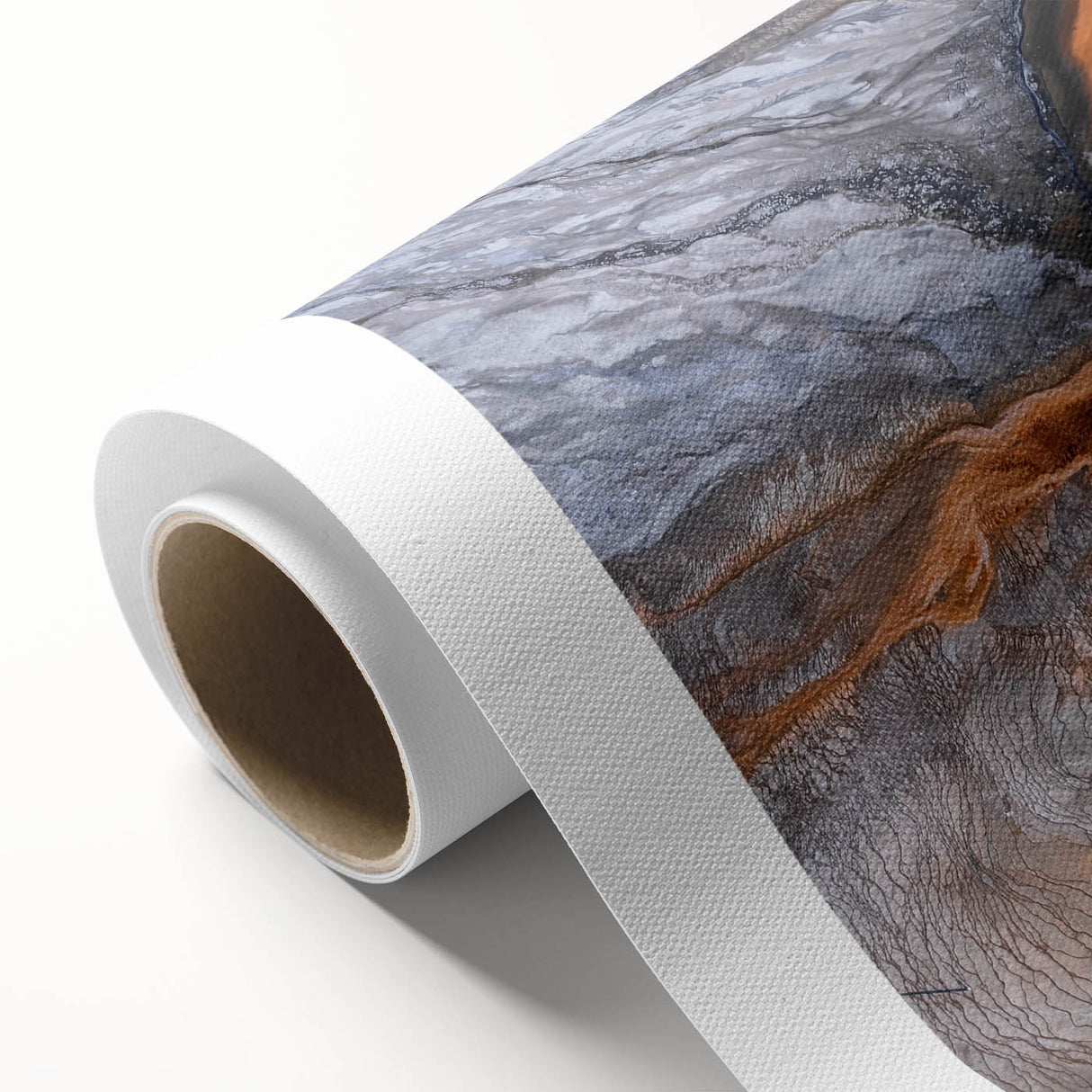 Art deco poster of Yellowstone scenery on rolled canvas, with muted earth tones, ideal for nursery wall art.