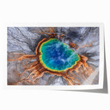 Yellowstone landscape on rolled print featuring vibrant green and yellow tones, suitable for dining room wall art.