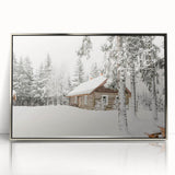Mid-century modernist winter scene in muted blue and white tones on framed acrylic, suitable for nursery wall art.