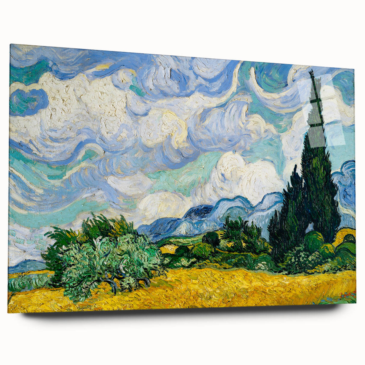 Large abstract wall art on acrylic glass showcasing swirling blue and yellow hues, ideal for bedroom or dining room decor.