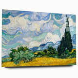Large abstract wall art on acrylic glass showcasing swirling blue and yellow hues, ideal for bedroom or dining room decor.