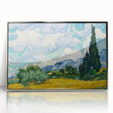 Mid-century modernist style depiction of a cityscape in muted gray and blue tones on a silver-framed acrylic print.