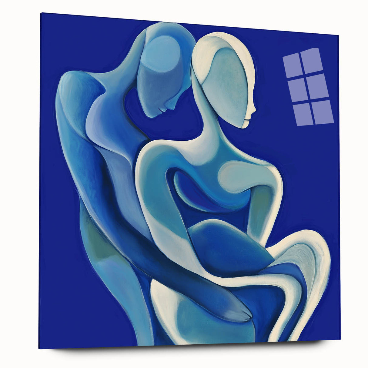 Abstract figurative acrylic artwork displayed on a glass panel, showcasing vibrant colors and dynamic shapes, perfect for contemporary decor.