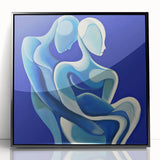Abstract figurative art piece framed in black acrylic, showcasing vibrant colors and dynamic shapes, perfect for modern home decor and artistic expression.