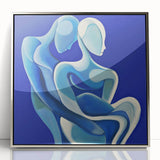 Framed abstract figurative artwork with silver accents, showcasing a modern design that enhances contemporary interiors, perfect for living spaces or offices.