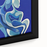 Close-up of a framed abstract figurative canvas artwork showcasing vibrant colors and intricate textures, perfect for modern home decor or art collectors.