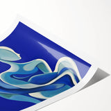 Abstract figurative art print showcasing vibrant colors and dynamic shapes, rolled for easy storage and shipping in a protective cardboard tube. Ideal for modern home decor.