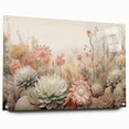 Abstract floral wall art design displayed on acrylic glass, showcasing vibrant colors and intricate patterns, elegantly mounted with pins for a modern look.