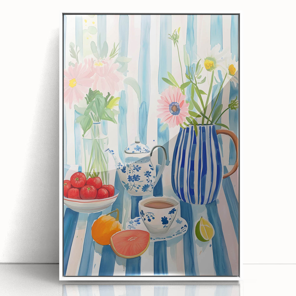 Mid-century modernist art poster featuring a stylized food and drink motif in vibrant colors, framed in white acrylic.