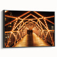 Framed landscape canvas depicting a serene bridge scene, featuring lush greenery and a tranquil waterway, perfect for home decor or art enthusiasts.