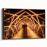 Framed landscape canvas depicting a serene bridge scene, featuring lush greenery and a tranquil waterway, perfect for home decor or art enthusiasts.