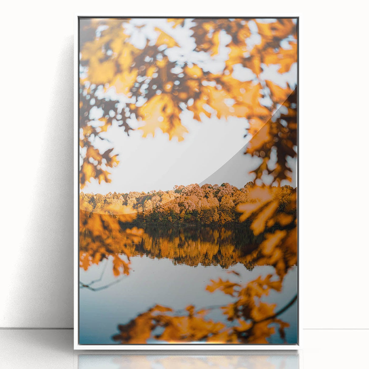 Art deco poster of fall trees in muted orange and brown tones on white acrylic, ideal for modern nursery wall decor.