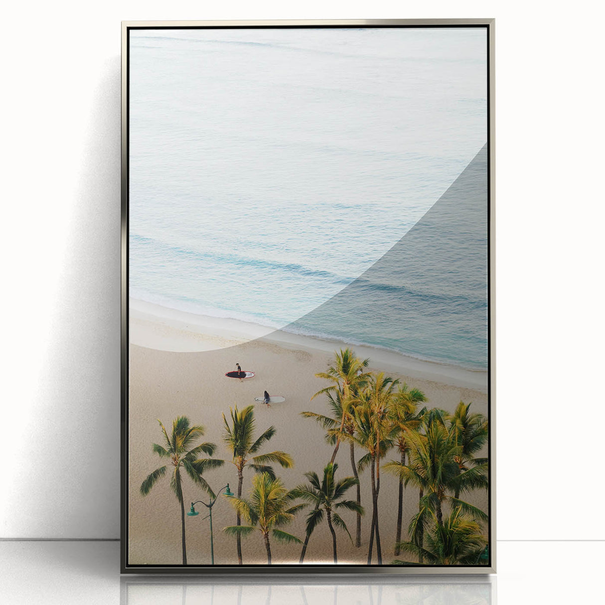 Mid-century modernist art featuring abstract summer motifs in vibrant colors on a silver-framed acrylic print.