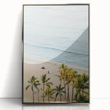 Mid-century modernist art featuring abstract summer motifs in vibrant colors on a silver-framed acrylic print.