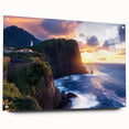 Acrylic landscape artwork showcasing dramatic cliffs in vibrant colors, mounted on glass with pins. Perfect for modern home decor and art enthusiasts.