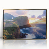 Framed acrylic artwork depicting dramatic cliffs in a vibrant landscape, featuring gold accents that enhance its rich colors and texture, ideal for modern decor.