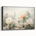 Framed abstract floral wall art featuring vibrant colors on a textured canvas, displayed with a sleek black frame, highlighting modern home decor aesthetics.