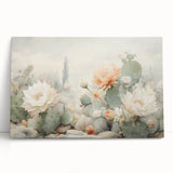 Abstract floral wall art design on stretched canvas, featuring vibrant colors like pink, green, and blue, leaning against a neutral wall, perfect for modern decor.