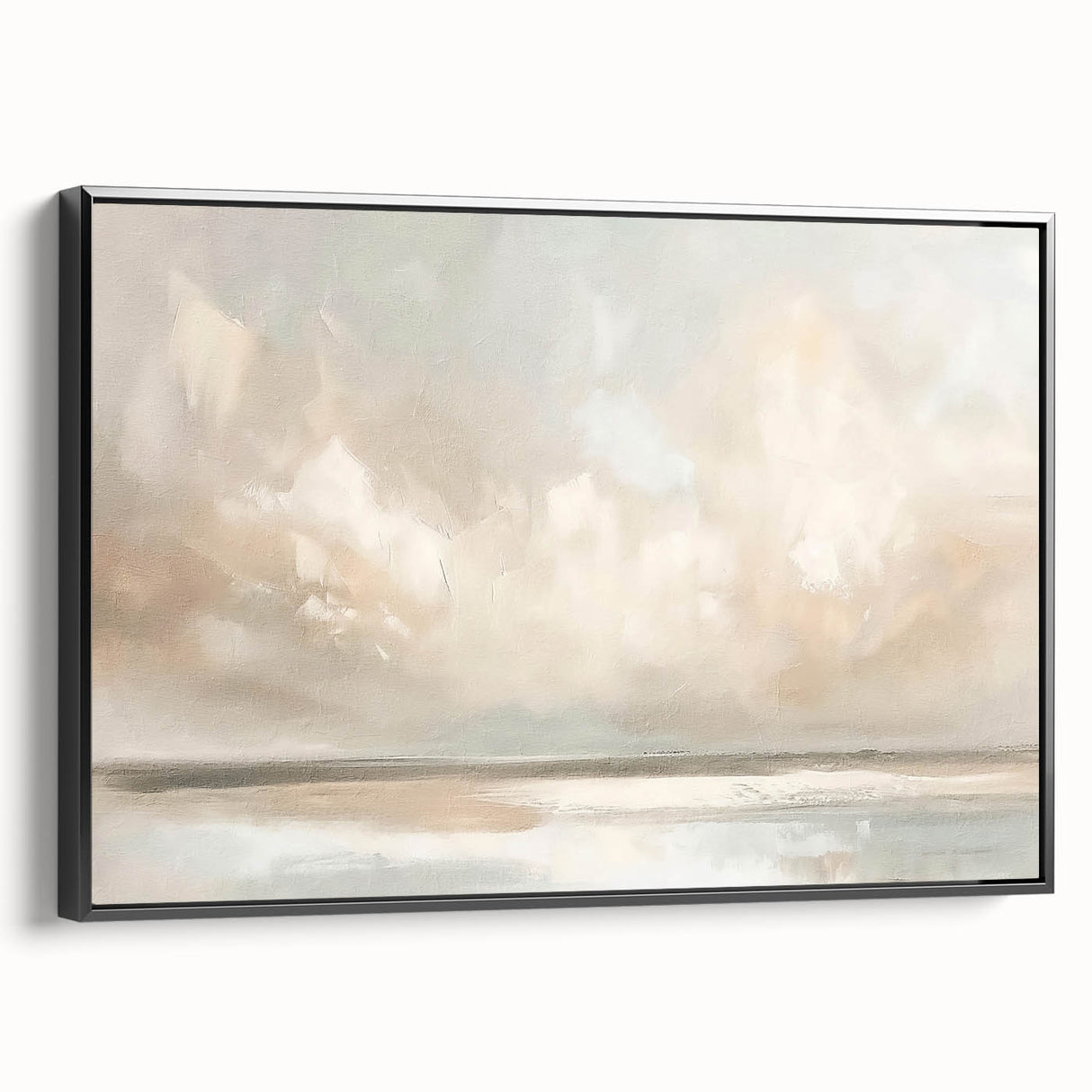 Framed abstract landscape wall art featuring bold black and earthy tones, side view showcasing its sleek design, perfect for modern home decor.