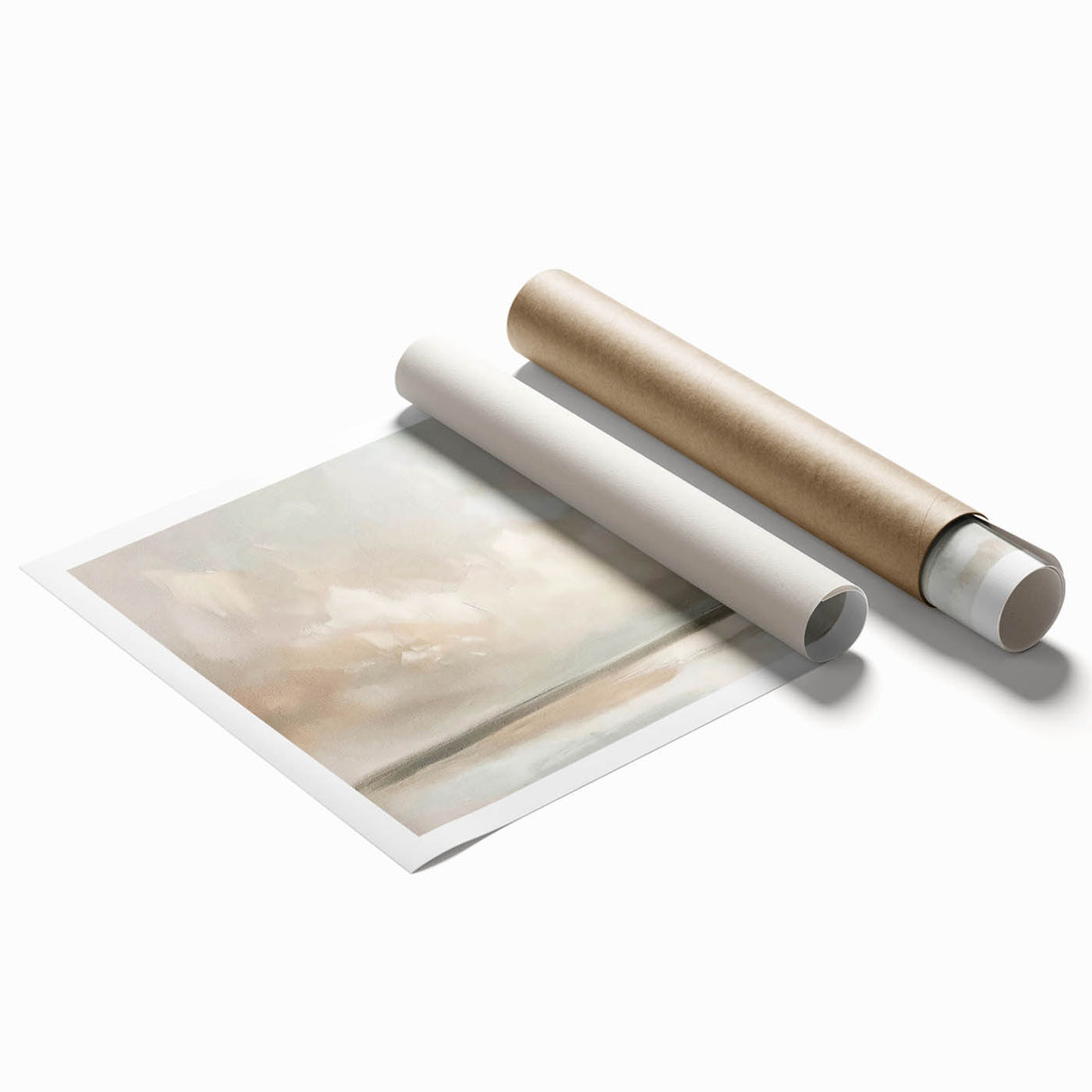 Abstract landscape wall art print showcasing vibrant hues of blue, green, and gold, rolled and ready for display in a modern home decor setting. Perfect for adding a touch of elegance and creativity to any room.