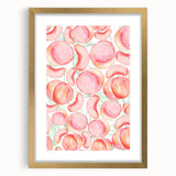 Extra large abstract art print featuring a textured mix of vibrant fruits, framed in gold, ideal for living room decor.