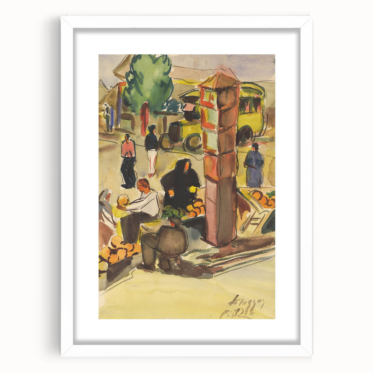 Realism Art Print of Bustling Market Scene - Vibrant Street Life