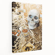 Side view of a large stretched canvas depicting a fall landscape with warm orange and brown tones.