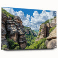 Stunning acrylic glass artwork showcasing a side view of dramatic cliffs and landscapes, elegantly pinned for display, perfect for modern home decor.