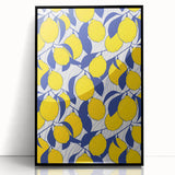 Large abstract wall art featuring assorted fruits in bold colors on a black acrylic framed print.