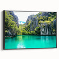 Framed canvas artwork depicting a stunning landscape of cliffs, showcasing intricate details and vibrant colors, presented in a sleek black frame. Ideal for enhancing modern home decor.
