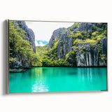 Framed canvas artwork showcasing a stunning cliff landscape with vibrant colors, silver frame, and side view displaying intricate details and textures. Perfect for home decor enthusiasts.