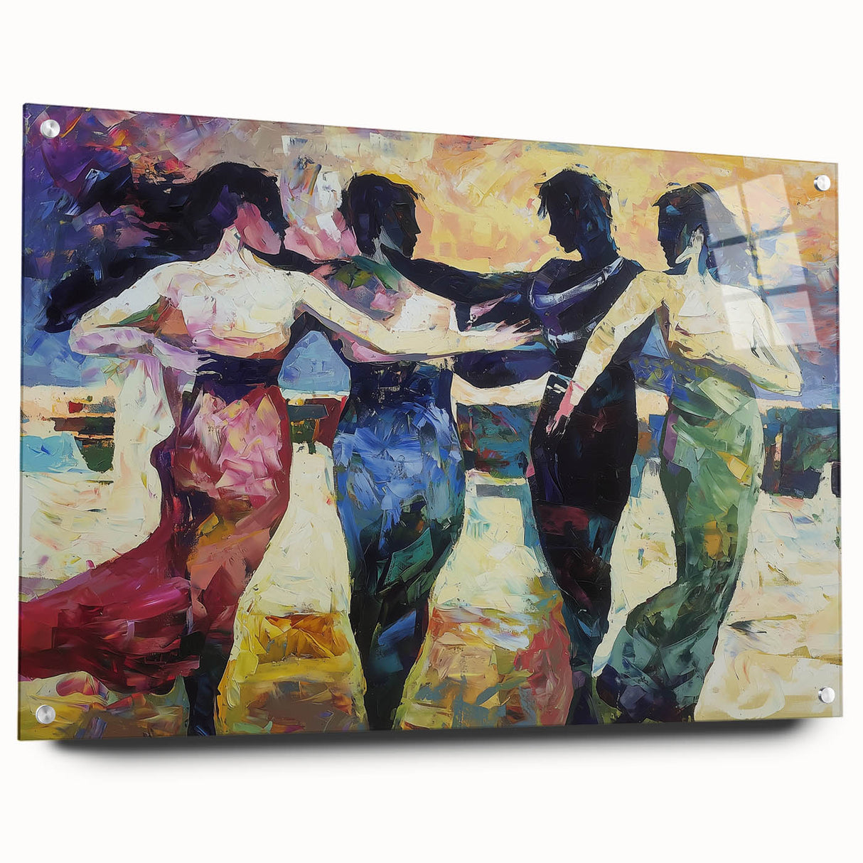 Abstract figurative acrylic artwork displayed in a glass frame, showcasing vibrant colors and intricate details, set against a white background with pins for mounting.