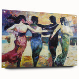 Abstract figurative acrylic artwork displayed in a glass frame, showcasing vibrant colors and intricate details, set against a white background with pins for mounting.