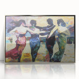 Framed abstract figurative art piece in silver acrylic, showcasing dynamic shapes and vibrant colors, ideal for modern home decor. Perfect for enhancing artistic ambiance.