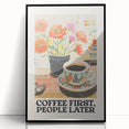 Large abstract wall art featuring mid-century modernist design in neutral and black tones, acrylic print framed in black.