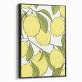 Black and white framed canvas featuring a vintage poster art style landscape with various fruits.