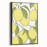 Black and white framed canvas featuring a vintage poster art style landscape with various fruits.