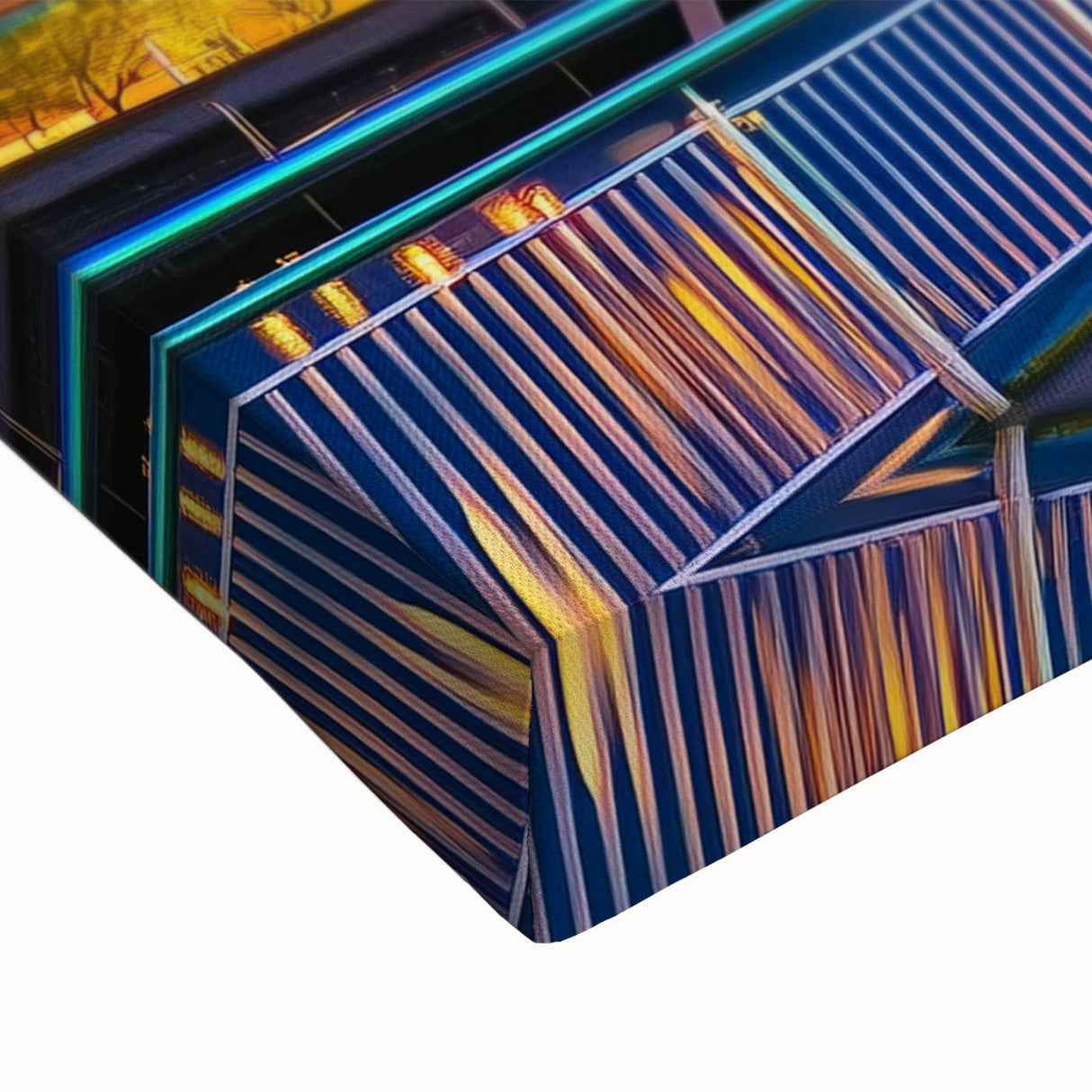 Close-up of a stretched canvas artwork depicting a serene landscape bridge scene, showcasing vibrant colors and intricate details, perfect for home decor.
