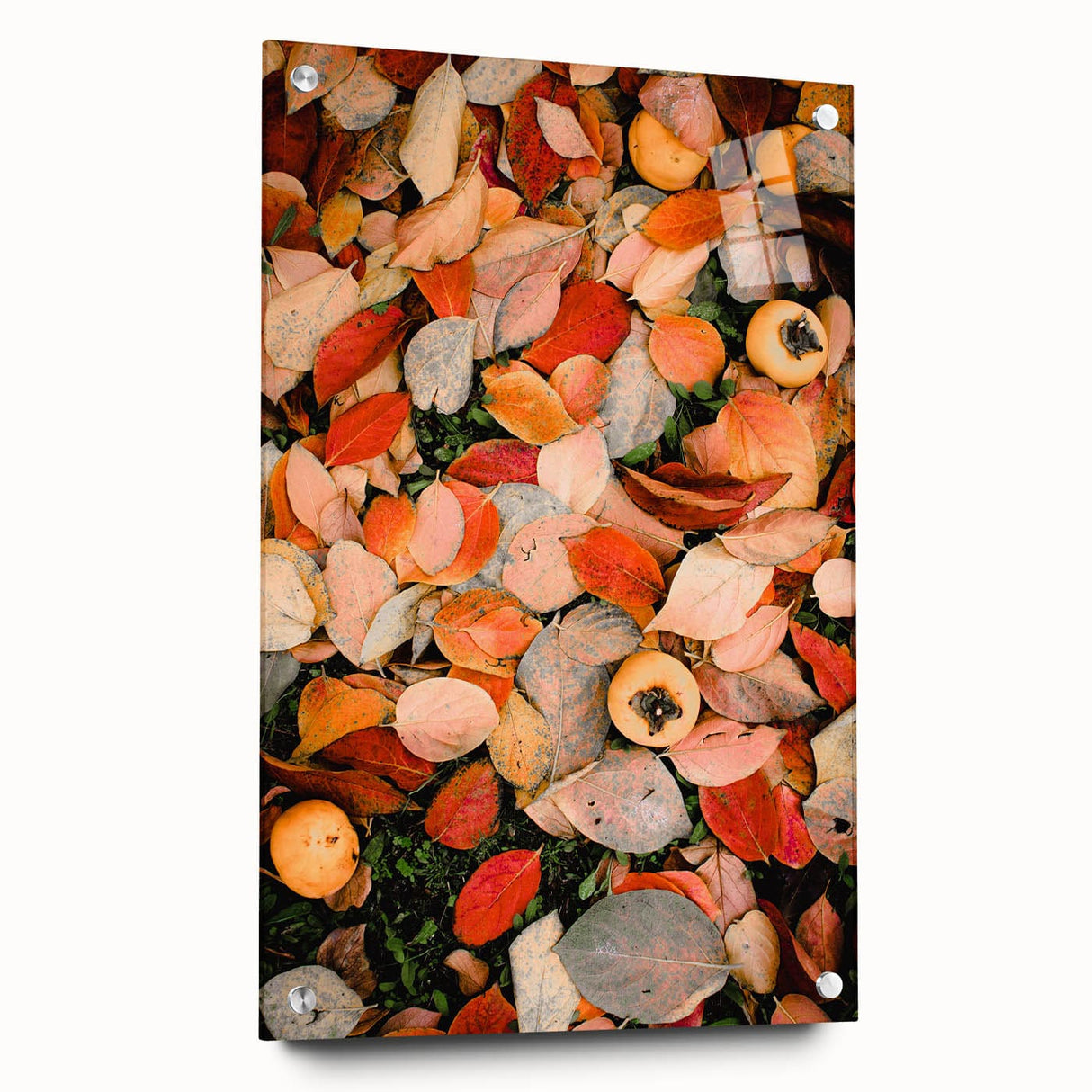Large abstract wall art featuring swirling autumn hues on acrylic glass, suitable for bedroom or dining room decor.