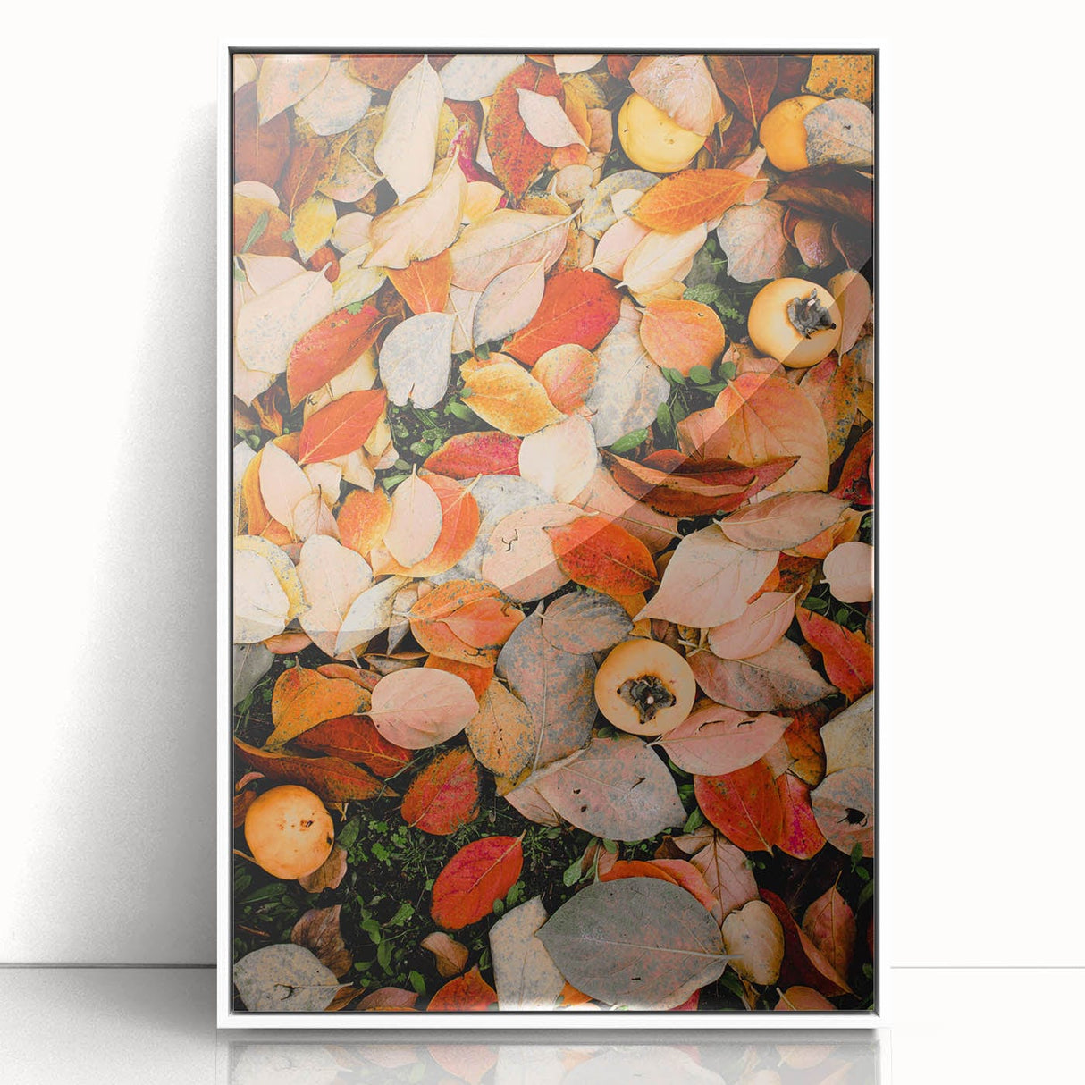 Art deco poster featuring an autumnal tree with orange leaves on white acrylic, framed, ideal for nursery wall decor.